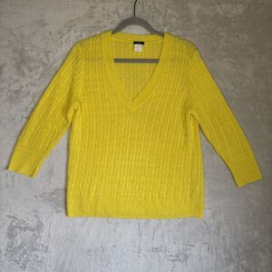 J. Crew Large Yellow V-Neck Linen Cable Knit Lightweight Sweater Retro Fisherman